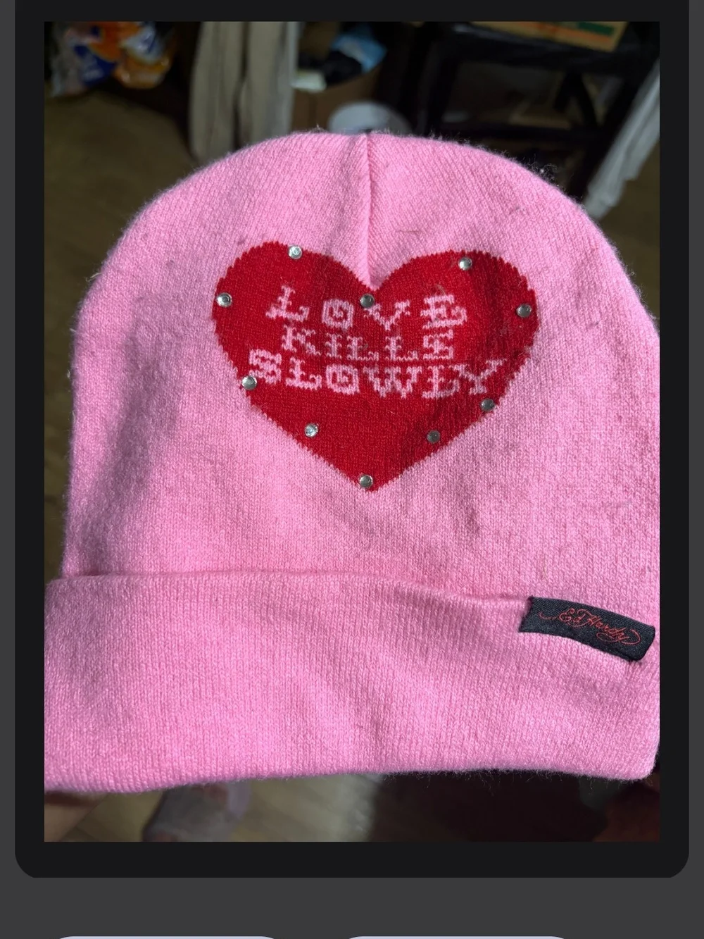 Ed Hardy Pink Beanie with Red Heart 'Love Kills Slowly'